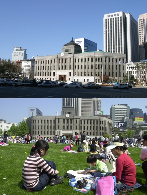 서울시청 앞은 자동차들이 다니던 도로(위)에서 시민들이 쉴 수 있는 광장으로 탈바꿈했다. 사진=한나라당 제공