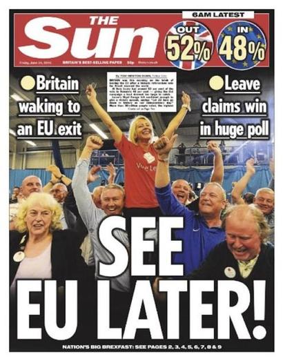 지난 6월 영국에서 국민투표로 ‘브렉시트’가 통과된 당시 ‘더 선’의 표지.