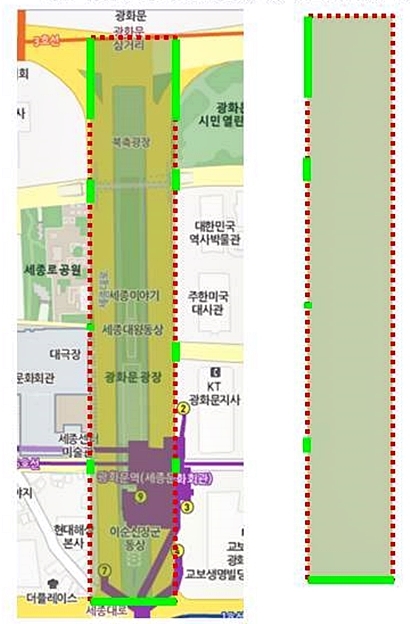 광화문 광장의 지형은 가로 82m, 세로 562m의 직사각형으로 정하였으며 주요 대피로는 율곡로, 삼봉로, 세종로 사거리 방향, 세종문화회관 옆 주차장 가는길, 사직로, 8개로만 제한했다.