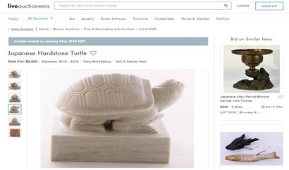 정진호 관장은 미국 인터넷경매 사이트 라이브옥셔니어스에 ‘Japanese hardstone turtle’라는 이름으로 올라온 장렬왕후 어보를 73회의 경합을 거쳐 9500달러(약 1083만 5000원)에 낙찰 받았다.  사진=라이브옥셔니어스 홈페이지 캡처