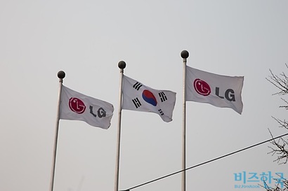 서울 여의도 LG 트윈타워에 펄럭이는 LG그룹 깃발과 태극기. 사진=비즈한국DB