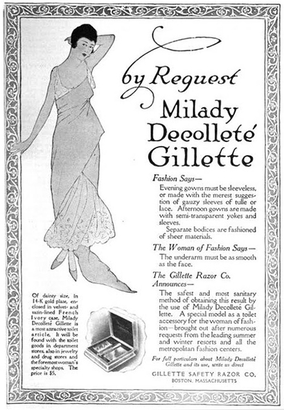 1915년 잡지에 게재된 질레트의 첫 여성면도기 광고. 여성의 겨털 제목는 알고 보면 면도기회사의 마케팅에서 시작되었다. 사진=구글북스
