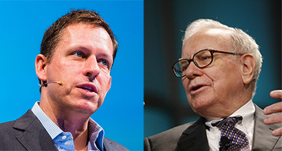 투자의 전설 워런 버핏(오른쪽)은 “비트코인은 가치 있는 자산이 아니다”고 하지만, 피터 틸 페이팔 창업자는 “사람들이 비트코인을 과소평가하고 있다”고 반박한다. 사진=flickr·로이터/뉴시스