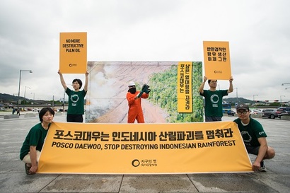 환경운동연합 회원들이 포스코대우 인도네시아 팜유 사업에 항의하는 모습. 사진=환경운동연합