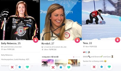 왼쪽부터 스웨덴 하키대표팀 레베카 스텐베리(25), 미국 스켈레톤 캔달 웨젠버그(27),  테스 크리치로우(22) 등 틴더 프로필 모습. 사진=틴더 캡처