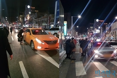 25일 새벽 1시경 서울 이태원 해밀턴 호텔 앞 길가엔 택시를 잡으려는 사람들로 붐볐다. 사진=차형조 기자