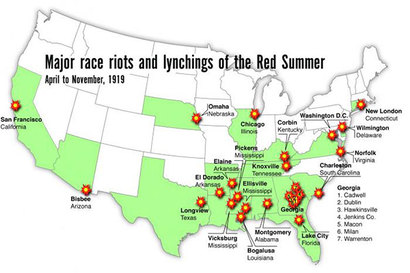 시카고에서 시작된 인종 폭동이 주요 대도시로 확산되는 모습. 자료=https://waverlyhs.weebly.com/us-history-blog-may-2014---may-2015/the-chicago-race-riot-of-1919
