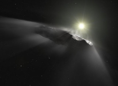 혜성처럼 태양열을 받아 얼음이 승화하면서 제트를 내뿜는 오무아무아의 모습. 실제 우주선이 엔진을 분사하면서 방향과 속도를 바꾸듯이 이 이상한 혜성/소행성도 승화한 얼음을 내뿜는 ‘항법’을 사용했다. 사진=NASA/ESA