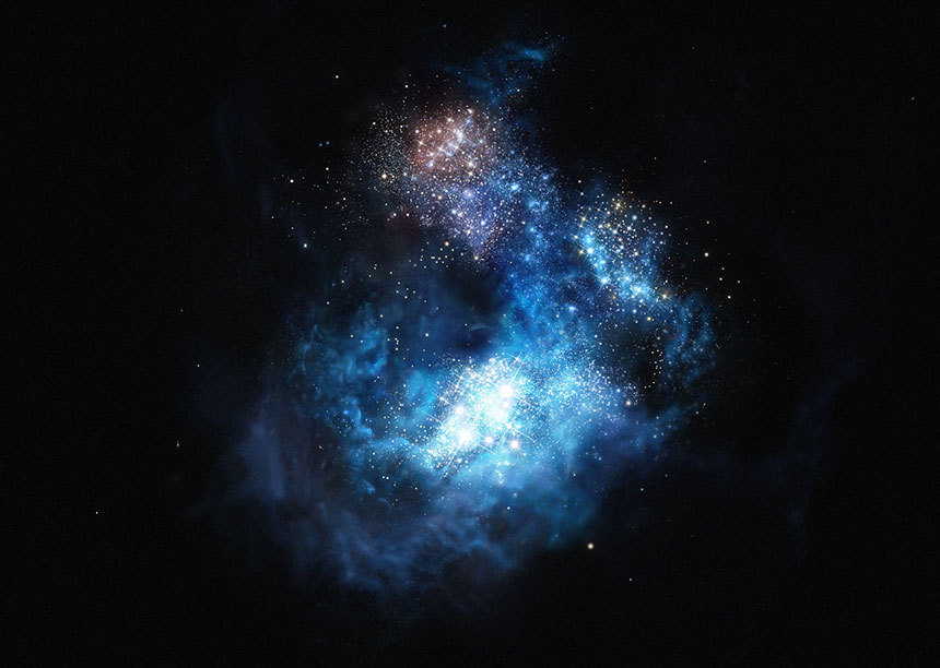 2015년 유럽의 초거대 망원경(VLT, Very Large Telescope)을 통해 관측한, 현저하게 금속 함량이 낮은 은하 CR7의 모습. 빅뱅 직후 처음 만들어진 별들로 구성된 제 1세대 은하에 가까울 것으로 추정된다. 사진=ESO/M. Kornmesser