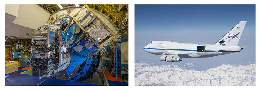 항공기 안에 장비를 탑재해서 성층권 상공에서 우주를 관측하는 소피아(오른쪽)와 그 안에 탑재된 관측 장비 테라헤르츠급 주파수 독일 수신기 그레이트(GREAT, German Receiver at Terahertz Frequencies). 사진=NASA