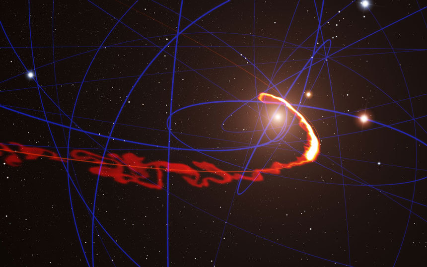 2013년 중반 우리 은하 중심의 초거대질량 블랙홀 주변을 움직이던 가스 구름의 모습을 구현한 시뮬레이션. 당시 천문학자들은 초거대 망원경(VLT) 관측을 통해 이 구름이 초거대질량 블랙홀 곁을 시속 1000만 km가 넘는 빠른 속도로 맴돌면서 으스러질 것이라 추정했다. 이미지=ESO/S. Gillessen/MPE/Marc Schartmann