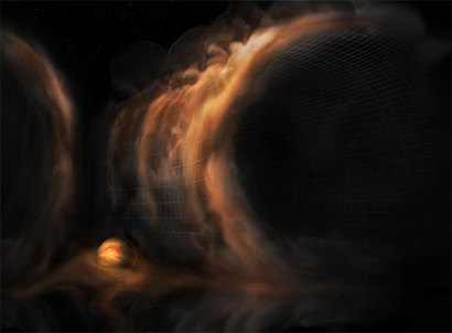 원시 행성 원반계의 빈 틈에서 자라고 있는 아기 행성으로 먼지 입자들이 폭포처럼 쏟아지는 모습을 그린 상상도. 이미지=NRAO/AUI/NSF, S. Dagnello.