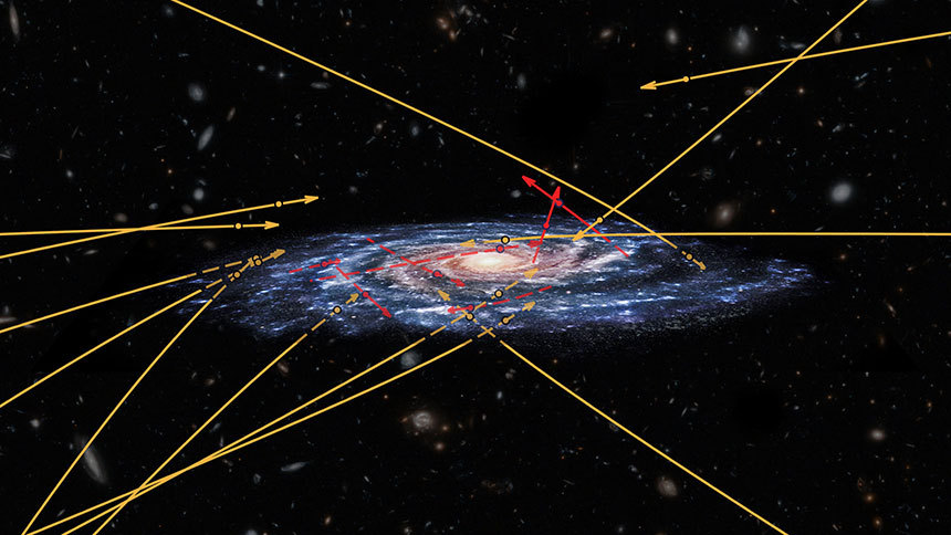 가이아 위성의 탐사를 통해 확인된 20개 HVS의 운동 궤적이 화살표로 표현되어 있다. 빠른 속도로 우리 은하를 벗어나 ‘탈은하’ 하고 있는 별들이다. 이미지=NASA/ESA/Hubble
