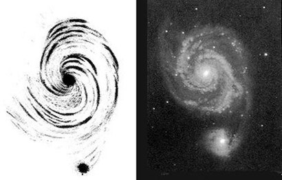 M51 소용돌이 은하의 모습을 과거 천문학자들이 그림으로 기록한 모습. 당시 천문학자들은 이런 독특한 소용돌이치는 모습을 한 은하들이 우리 은하 안에 포함되어 있는 작은 가스 구름인지, 우리 은하 바깥에 떨어진 독립된 개별 천체인지를 두고 긴 논쟁을 펼쳤다. 사진=William Parsons, Observations on the Nebulae, Philosophical Transactions of the Royal Society, 140, 499-514(1850)