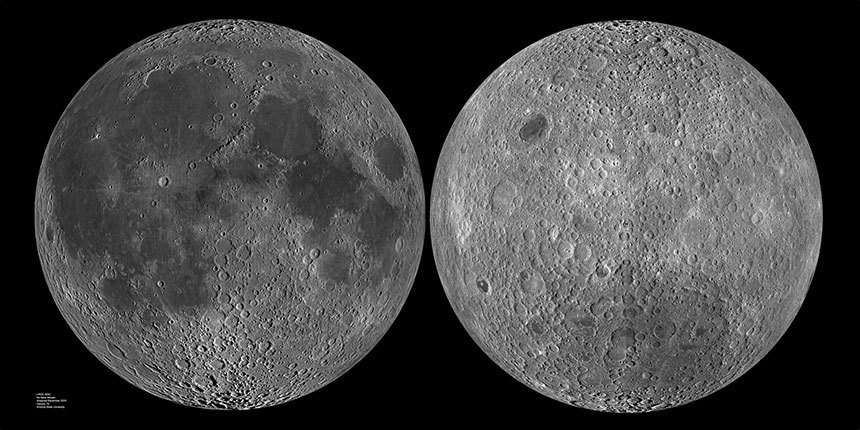 앞과 뒤가 전혀 다른 달의 모습. 왼쪽은 우리에게 익숙한 지구에서 보이는 달의 앞면, 오른쪽은 지구상에서는 절대 볼 수 없는 달의 낯선 뒷면의 모습이다. 달의 뒷면이 확연하게 더 밝은 색의 울퉁불퉁한 지형임을 확인할 수 있다. 사진=NASA