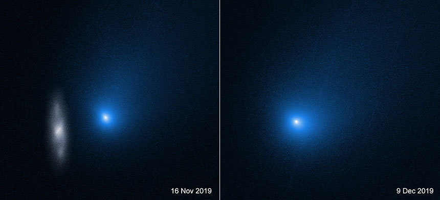 2019년 11월과 12월 허블 우주망원경으로 촬영한 성간 혜성 보리소프. 2019년 11월 찍은 왼쪽 사진에는 마침 배경에 우연히 은하가 함께 담겼다. 사진=NASA, ESA and D. Jewitt(UCLA)