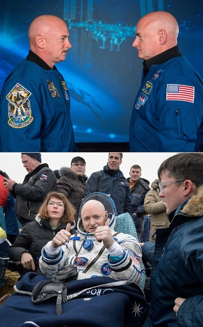 2015년에서 2016년 사이에 진행된 최초의 쌍둥이 우주인 실험에 참여한 켈리 형제. 왼쪽이 지구에 남은 마크 켈리, 오른쪽이 우주로 올라갔던 스콧 캘리. 아래 사진은 1년간의 외로운 우주 생활을 마치고 지구로 무사히 귀환한 직후 엄지를 치켜세우며 미소를 보이는 스콧 캘리의 모습이다. 사진=NASA