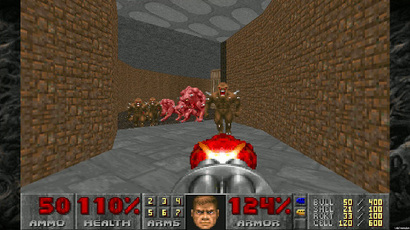 FPS 게임의 고전 시리즈 중 하나인 ‘둠’의 플레이 모습. 개발자 존 카멕은 효율적인 프로그래밍을 위해서 배경이 보일 때만 렌더링 하는 방식을 채택했다. 사진=게임 캡처