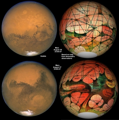 실제 망원경으로 관측한 화성(왼쪽)과 퍼시벌 로웰이 당시 화성에서 발견했다고 기록했던 운하들(오른쪽)을 비교한 사진. 거뭇거뭇한 지형들이 모두 확인되기도 하지만, 동시에 로웰이 그린 그림에서만 선명하게 보이는 운하들의 모습도 인상적이다. 현재 많은 천문학자들은 로웰이 개인적 사견을 반영해서 화성을 왜곡해서 봤거나, 실제 보이지 않았던 운하가 있다고 허풍을 떨었을 것이라 추정하고 있다. 사진=Tom Ruen, Eugene Antoniadi, Lowell Hess, Roy A. Gallant, HST, NASA