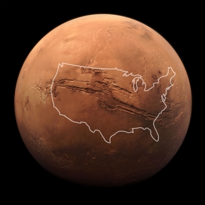 화성의 매리너 계곡과 미국을 비교한 그림. 화성 한가운데 깊게 파여 있는 매리너 계곡은 그 길이만 3000km, 깊이는 8km에 달한다. 그랜드캐니언은 길이 350km에 깊이는 1.6km로, 화성의 매리너 계곡에 비하면 손톱자국에 불과하다고 할 정도다. 사진=NASA/JPL-Caltech