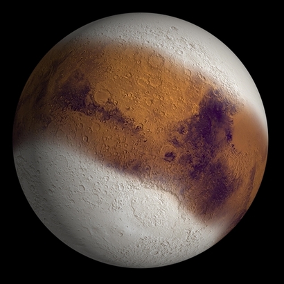 화성의 과거는 단순히 액체 바다로 덮인 지구와 같은 모습이 아니라, 빙하기를 겪는 지구의 모습처럼 표면 대부분이 두꺼운 얼음 빙하로 덮여 있었을 것으로 추정된다. 이 경우 오히려 화성에 생명체가 존재했을 가능성이 더 높아진다. 사진=NASA/JPL-Caltech