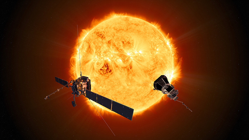 유럽의 솔라 오비터와 NASA의 파커 솔라 프로브 탐사선. 태양을 종일 바라보며 태양 활동의 양상을 감시하는 태양 모니터링 탐사선이다. 가까운 미래 인접한 천체로의 우주여행이 일상이 되었을 때 이처럼 태양 활동을 모니터링하는 탐사의 중요성은 아주 높아질 전망이다. 이미지=ESA/ATG medialab; NASA/Johns Hopkins APL