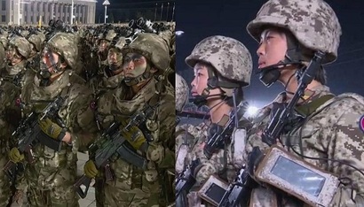 북한의 신형 보병장비와 특수부대(왼쪽)와 스마트폰과 무전기를 가진 북한 보병들. 사진=KCNA 제공