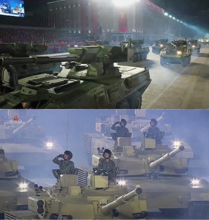 북한판 스트라이커 장갑차(위)와 북한의 신형 전차. 사진=KCNA