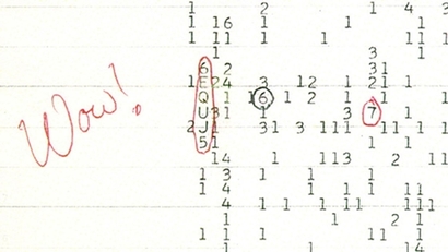 당시 출력한 기록지 위에 천문학자 제리 이먼이 남긴 와우! 표시. 1, 2 남짓의 미미한 노이즈 속에서 6EQUJ5라고 써 있는 확연하게 강한 전파 신호가 쏟아졌음을 볼 수 있다. 사진=seti institute