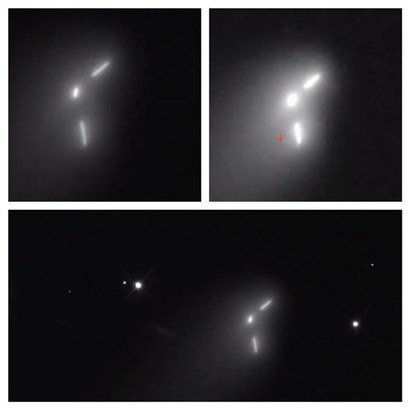 위는 허블 우주 망원경이 찍은 아이손 혜성의 원본 사진(raw image). 빠르게 움직이는 혜성을 여러 필터로 번갈아가면서 노출 촬영을 한 결과 빛이 흘러내린 잔상이 생기면서 이런 UFO 같은 모습이 만들어졌다. 허블 우주 망원경이 찍은 사진을 잘 조절하면 삼각형 모양의 UFO, 전투기를 연상시키는 형체가 나타난다(아래). 이미지=NASA, ESA, and the Hubble Heritage Team(STScI/AURA)