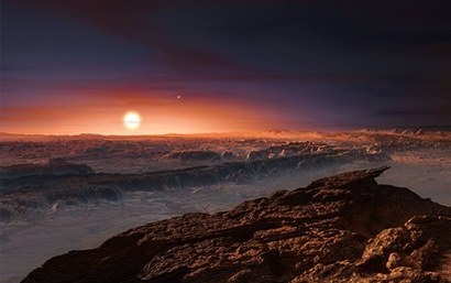프록시마 센타우리 b 외계행성의 하늘을 그린 상상도. 미지근한 별 주변을 도는 이 같은 외계행성의 하늘은 붉고 어두울 것이다. 이미지=ESO/ M. Kornmesser