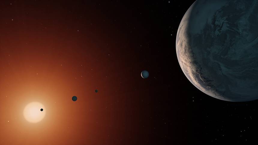 7개의 행성이 함께 맴돌고 있는 Trappist-1 항성계 상상도. 이미지=NASA