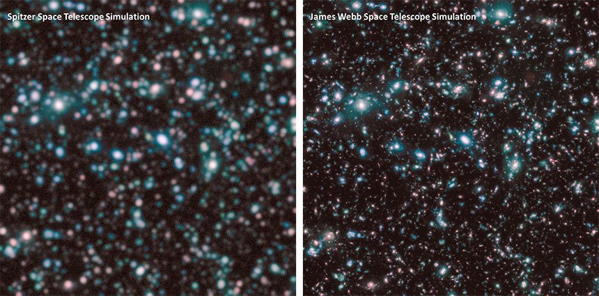 스피처 우주 망원경과 JWST가 찍게 될 장면을 비교한 사진. 사진=NASA/ESA/Spitzer