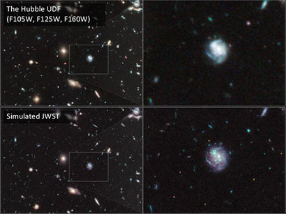 시뮬레이션한 우주를 활용해 구현한 허블과 JWST가 촬영한 동일한 은하를 비교한 모습. 사진=ESA/Hubble & NASA