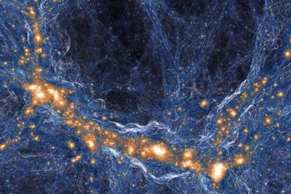 우리 은하를 비롯한 우주의 수많은 은하들은 연이어 주변의 거대한 초은하단, 은하단을 향해 끌려가고 있다. 이러한 중력을 통해 우주가 팽창하는 중에도 아름다운 거대 구조가 만들어질 수 있다. 이미지=TNG Collaboration