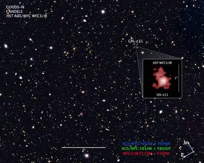 며칠 전까지만 해도 가장 먼 거리에서 발견된 은하였던 GN-z11 은하를 허블 망원경으로 포착한 모습. 사진=NASA, ESA, P. Oesch(Yale University), G. Brammer(STScI), P. van Dokkum(Yale University), and G. Illingworth(University of California, Santa Cruz)