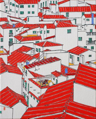 하얀 벽과 붉은 지붕: 53.5×65.5cm 캔버스에 먹과 아크릴 2021