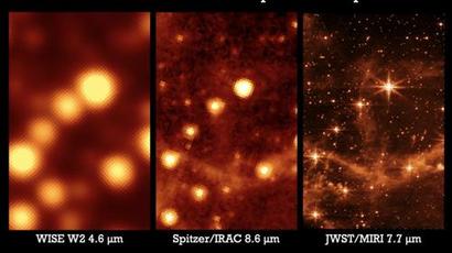WISE, 스피처, 제임스 웹 우주 망원경이 ​똑같은 하늘을 ​찍은 사진(왼쪽부터). 사진=NASA