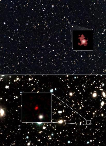 빅뱅 직후 가장 먼 초기 우주에서 발견된 두 은하 GN-z11(위)와 HD1 은하. 사진=NASA
