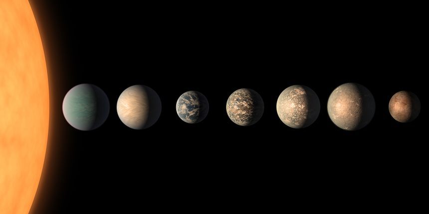 TRAPPIST-1 별 곁을 도는 외계행성들의 모습을 표현한 그림. 이미지=NASA