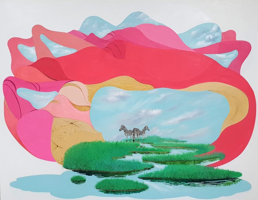권주안-하늘을 담고 물이 흐르는 곳: 116.8×91cm Acrylic, Oil, Wallpaper on canvas 2022