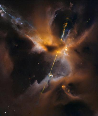갓 태어난 아기 별이 양쪽 방향으로 에너지 제트를 토하고 있는 대표적인 허빅-아로 천체 중 하나인 HH24를 허블 망원경으로 관측한 모습을 표현한 그림. 이미지=ESA/Hubble & NASA, D. Padgett(GSFC), T. Megeath(University of Toledo), and B. Reipurth(University of Hawaii)