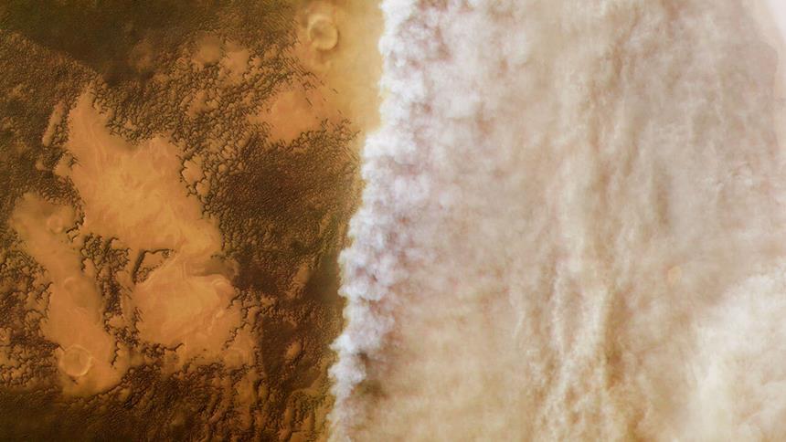 마스 익스프레스 궤도선을 통해 화성에서 형성된 거대한 먼지 폭풍을 위에서 내려다본 모습. 사진=ESA