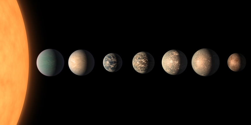 TRAPPIST-1 별 주변 곁을 도는 외계행성을 그린 상상도. 가장 왼쪽부터 오른쪽 방향으로 순서대로 b, c, d, e, f, g, h 행성이다. 이 중에서 d, e, f, g 네 곳은 골디락스존에 들어온다. 사진=NASA/JPL-Caltech