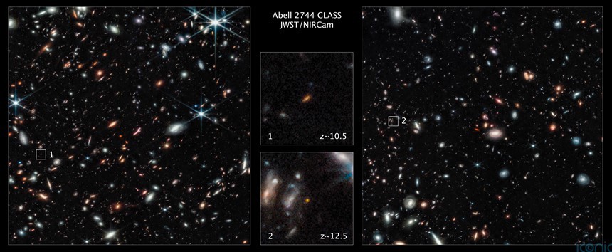 제임스 웹 우주망원경으로 은하단 Abell 2744 방향을 관측한 사진. 은하단의 강력한 중력렌즈를 통해 먼 우주의 은하를 희미한 모습으로 포착했다. 사진=ESA, NASA, CSA, STScI