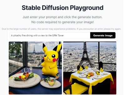 ​그림 AI ​스테이블 디퓨전에서 ‘a pikachu fine dining with a view to the Eiffel Tower’로 만든 이미지.
