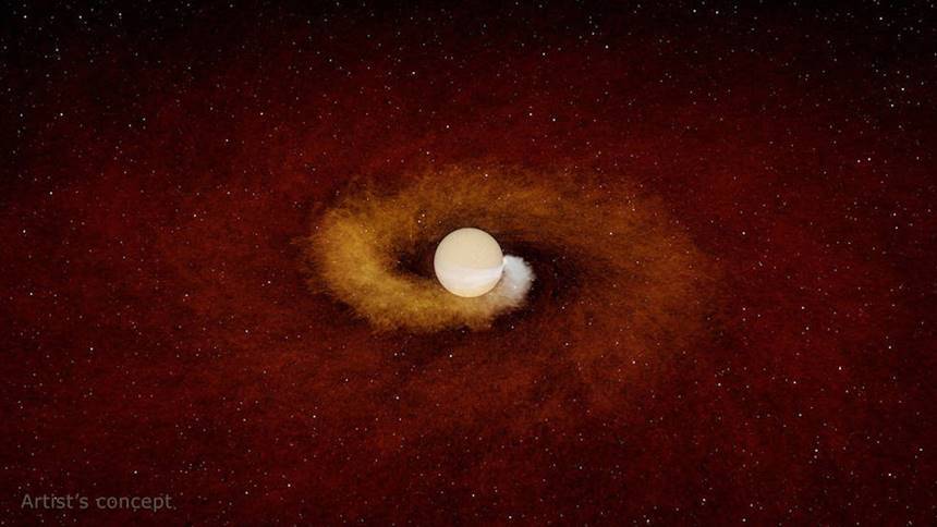 별 곁을 돌던 행성이 빠르게 별 쪽으로 끌려가면서 행성의 중력에 의해 끌려나온 별 외곽의 가스 물질이 나선 모양의 먼지 구름띠를 이루었다.