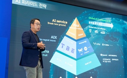 SKT는 전사 차원에서 AI 컴퍼니로 도약을 시도하고 있다. 사진은 9월 26일 기자간담회에서 유영상 SKT 사장이 ‘AI 피라미드 전략’을 소개하는 모습. 사진=SKT 제공