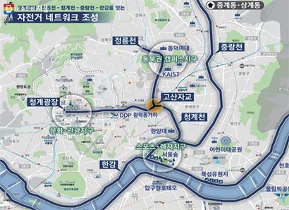 서울시는 이번 전용교 공사로 정릉천, 청계천, 중랑천, 한강이 모두 연결된 ‘자전거 네트워크’가 조성됐다고 말한다.​ 자료=서울특별시
