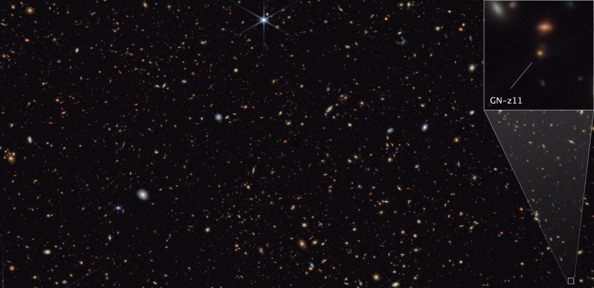 제임스 웹 관측으로 확인한 GN-z11 은하의 더 선명한 모습. 사진=NASA, ESA, CSA, Brant Robertson(UC Santa Cruz), Ben Johnson(CfA), Sandro Tacchella(Cambridge), Marcia Rieke(University of Arizona), Daniel Eisenstein(CfA)
